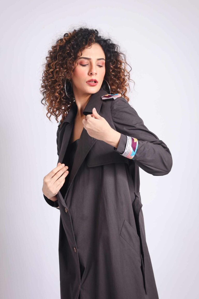 dark grey long overcoat with hand-embroidered shoulder and wrist lapels